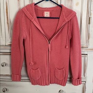 Waffle weave salmon color, hooded, zip sweater
